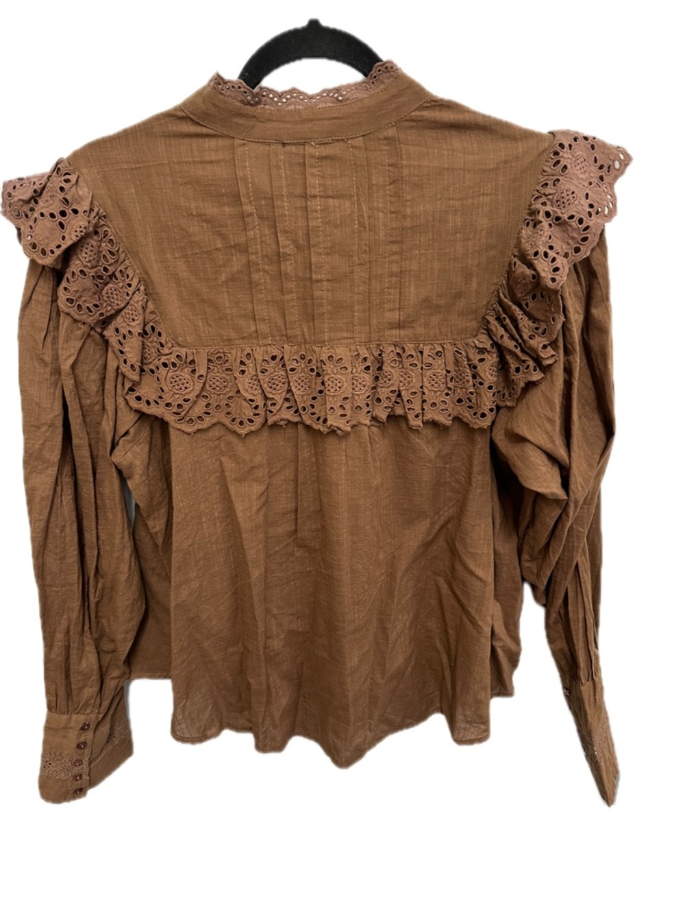 Free People Hit The Road button down blouse in Coffee Date eyelet ruffle yoke - Picture 10 of 14